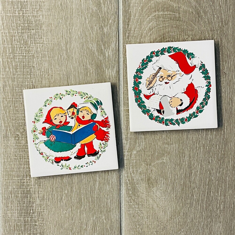 2 Vintage Jasco Christmas Tile Trivets Carolers Santa Coasters 1981